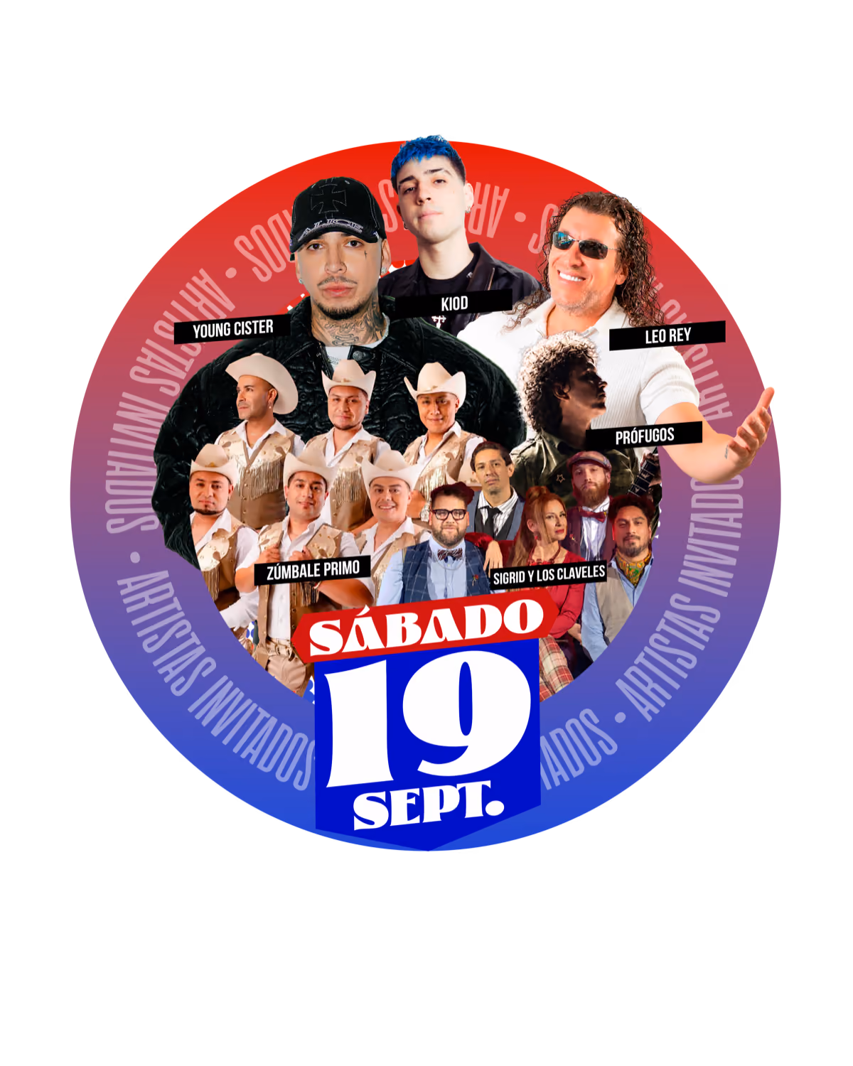 Sábado 19 · Zúmbale Primo · Young Cister · Leo Rey